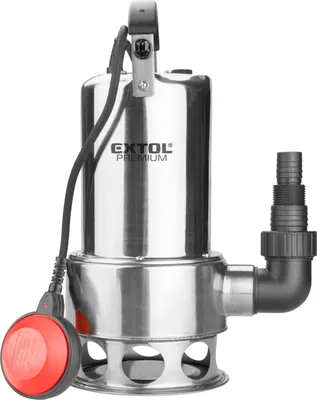 A stainless steel submersible pump with a float switch, shown against a white background.