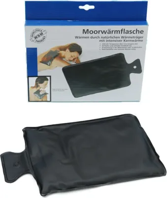 A product box for a moor heat pack, with an image of the product and a person using it.