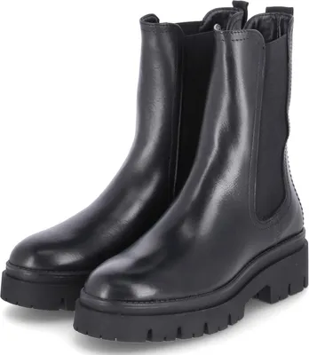 A pair of black Chelsea boots with a chunky sole, shown from the front.