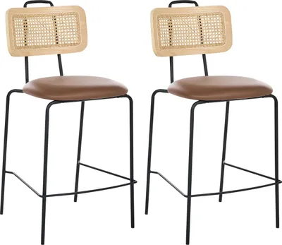 Produktbild von BELIANI Barstuhl 2er Set Braun Kunstleder Sitz Schwarze Metallbeine Wiener Geflecht Ohne Armlehnen Retro Modernes Design Barhocker Tresenhocker