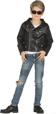 A young boy wearing a black leather jacket, sunglasses, and ripped jeans, posing against a white background.