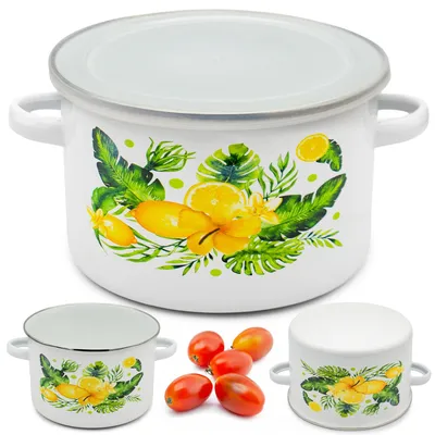 Zdjęcie produktu dla Garnek z Pokrywką 800ml Emaliowany Garnuszek na Zupy Kuchenny Cytryny 12cm