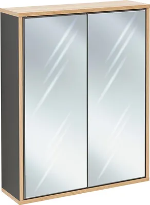 Produktbild von FACKELMANN Spiegelschrank FINN / Badschrank mit Push-to-Open / Maße (B x H x T): ca. 60 x 75 x 20,5 cm / Schrank fürs Bad mit 2 Türen / Korpus: Schwarz / Front: Spiegel / Rahmendekor: Braun hell