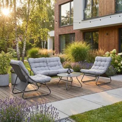 Produktbild von BEAUTYSOFA | SOLARO Gartenmöbel Set Hellgrau – Lounge Set mit 2-Sitzer Sofa, 2 Sesseln & Couchtisch, Terrassenmöbel, Outdoor Lounge, Stahlgestell