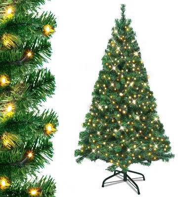 Produktbild von UISEBRT Künstlicher Weihnachtsbaum mit Beleuchtung 210cm LED Weihnachtsbäume Tannenbaum Dekobaum mit Lichterkette und Ständer Grün PVC