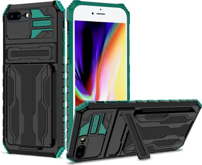 Produktbild von iPhone 8 Plus Hülle, Hybrid Robust Schutz Stoßfest Schutzhülle mit Kartenhalter Ständer für iPhone 7 Plus / 8 Plus Grün