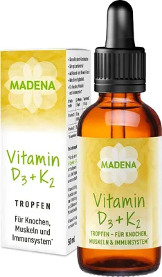 Produktbild von MADENA Vitamin D3 und K2 Menachinon all-trans MK-7, Tropfen hochdosiert, 50ml in MCT Öl, hohe Bioverfügbarkeit, vegan ohne Zusätze