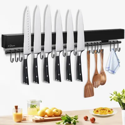Zdjęcie produktu dla Listwa magnetyczna na noże i przybory 59 cm z 15 haczykami Czarna