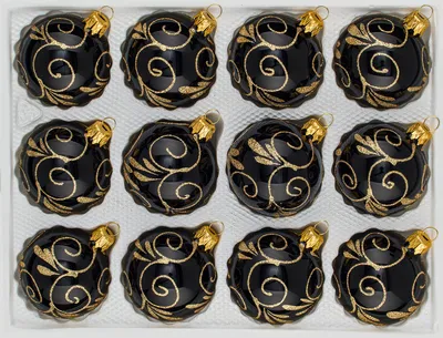 Produktbild von 12 tlg. Glas-Weihnachtskugeln Set in Hochglanz Schwarz Goldene Ornamente