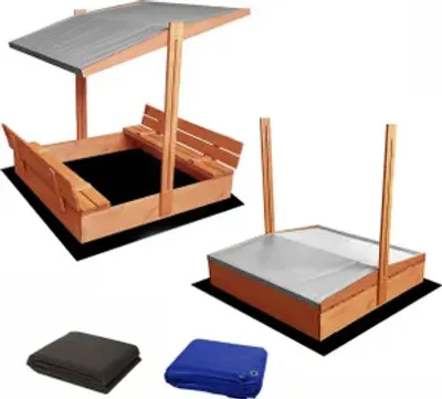 Obrázok produktu pre Pieskovisko drevo 120 cm so skladacími lavicami a nastaviteľnou strechou - pieskovisko leštené a impregnované & strešné okno 5 farieb