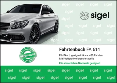 A silver car is shown next to marketing text and a logo for a "Fahrtenbuch" (logbook).