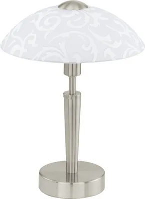 Produktbild von EGLO Tischleuchte Solo, 1 flammige Tischlampe, Material: Stahl, Farbe: Nickel matt, Glas: satiniert weiß mit Nachbildung, Fassung: E14, inkl. Touchdimmer