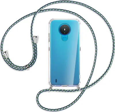 Produktbild von Handykette Backcover-Schutzhülle mit Band (Metall silberfarben) für Nokia 1.4 - grün/blau/weiß