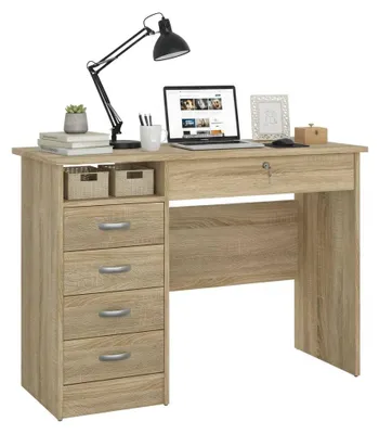 Produktbild von Schreibtisch mit fünf Schubladen, Eichenfarbe, 109 x 76 x 49 cm