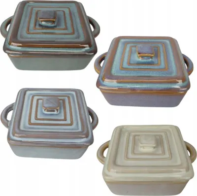 Four ceramic ramekins with lids are arranged in a collage.
