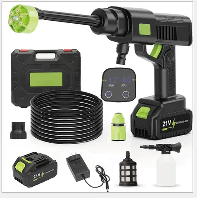 A collection of items for a cordless pressure washer, including the main unit, battery, charger, hose, and various attachments, laid out on a white background.