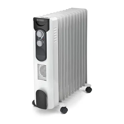 A white oil-filled radiator with black controls and wheels, set against a white background.