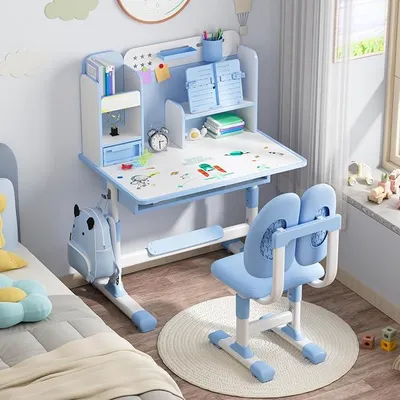 Produktbild von Kinderschreibtisch höhenverstellbar, Kinderschreibtischstuhl, Kinderschreibtisch, Schreibtischstuhl für Kinder, mit Buchständer, Fußpedal, 115 x 80 x 50cm (Blau)