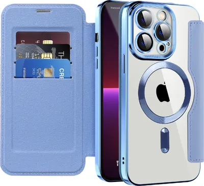 Image de Étui pour iPhone 13 Pro compatible MagSafe, étui transparent avec porte-cartes, étui en cuir avec protection de l'appareil photo Bleu clair
