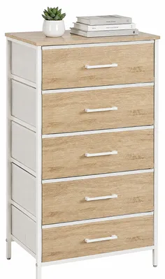 Image de Commode Relaxdays, dimensions (H x L x P) : 94 x 45 x 30 cm, 5 tiroirs en tissu, métal, MDF, idéale pour l'entrée, la chambre, commode d'entrée, couleur : naturel/blanc