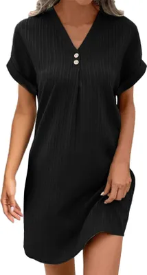 Produktbild von ASKSA Damen Musselin Kleid Sommer V-Ausschnitt Luftige Midikleid Einfarbige mit Knoepfen Kurzarm Sommerkleid, Schwarz, Groesse: XXL