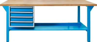 Produktbild von Werkbank Rhino Plus mit 4 Schubladen | HxBxT 84x150x70cm | Traglast 500kg | Lichtblau/Lichtblau