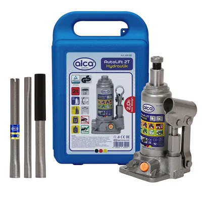 Obrázok produktu pre alca® Hydraulický zdvihák 2 t v kufríku - výška zdvihu 158-308 mm, baranový zdvihák s predlžovacou skrutkou, certifikovaný a testovaný GS, plniteľný