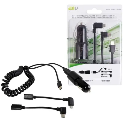 Produktbild von 12 V/24 V špirálový adaptér 2,1 A USB-C + Micro-/Mini-USB