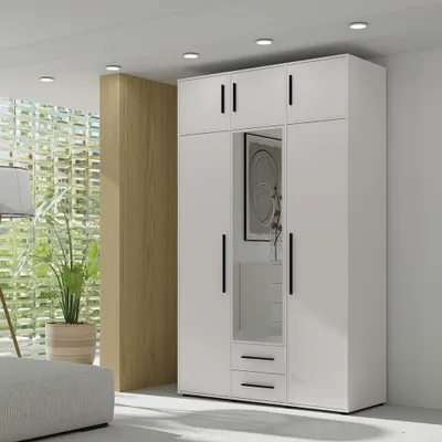 Produktbild von Schlafzimmer Kleiderschrank mit Aufsatzschrank, 150 cm breit, weiß matt mit schwarzen Griffen, 6 Türen & 2 Schubladen - MOLLERUSA-132
