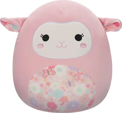 A pink plush lamb toy with floral accents on its ears and belly, presented against a white background.