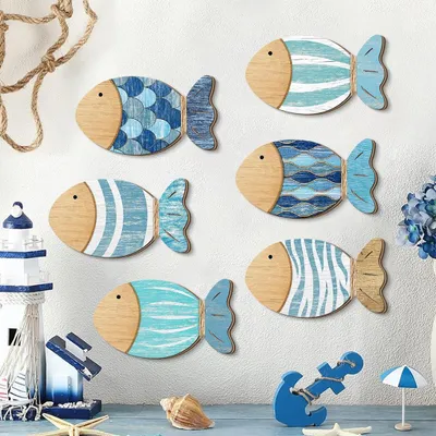 4 Wandfische aus Buchsbaumholz, blau, maritim, Set