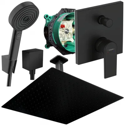 A collection of black shower components arranged on a white background.