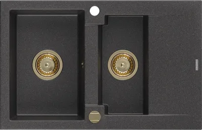 Produktbild von Mexen Gaspar 1,5-Becken-Granitspüle mit Abtropffläche 737 x 475 mm, Schwarz gesprenkelt, Siphon Gold - 6507731505-76-G