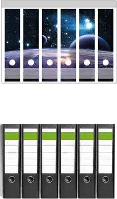 Produktbild von Wallario 6 Stück breite Ordner inkl. Klebeetiketten mit Motive Planeten im Weltall -  Set mit Rückenschildern / Ordnerrücken Stickern