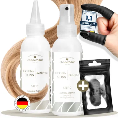 Image de Kit de nettoyage et de retrait des extensions chaarmant – 2 x 125 ml + protège-doigts