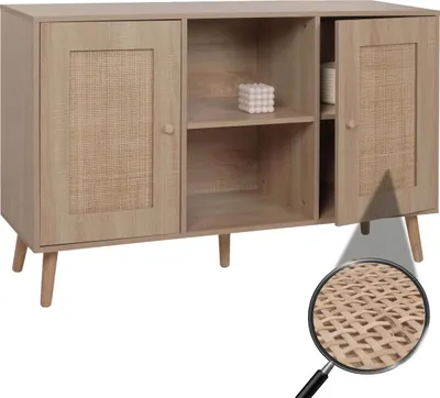 Produktbild von Sideboard HWC-M42, Schrank Kommode Highboard, Staufächer, Kubu Rattan Holz Melamin, Eiche-Optik