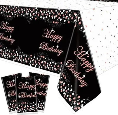 Produktbild von Tischdecke - Happy Birthday Tischdecke - Party Dekoration - 130 x 220 cm - Wasserabweisend - Kunststoff - Einweg - Für Feiern und Geburtstage - Rosa/Schwarz/Weiß