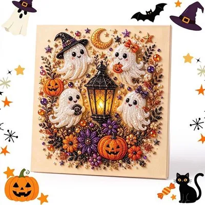 Produktbild von Halloween-Diamond-Painting - DIY Set - 3D Diamond Art - Diamond-Painting-Set mit Geist, Kürbis und Laterne - Perlenkunst - Halloween-Wanddekoration