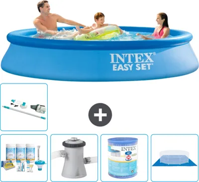 Produktbild von Intex runder aufblasbarer Easy Set-Pool – 305 x 61 cm – Blau – im Lieferumfang enthalten Wartungspaket - Filterpumpe für Schwimmbad - Filter - Bodenplane - Staubsauger