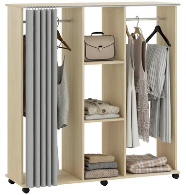 Zdjęcie produktu dla Przenośna szafa na 6 kółkach, z drążkiem na ubrania i półkami, zajmująca mało miejsca szafa do sypialni, 120 x 40 x 128 cm, drewno naturalne