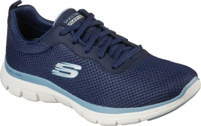 A single navy blue Skechers Flexapeal 4.0 Brilliant View shoe is shown from a side angle against a white background.
