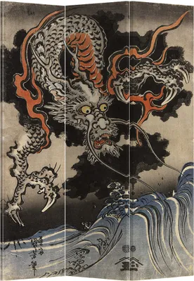 Image de Fine Asianliving Paravent Séparation de pièce Dragons japonais L120xH180cm 3 panneaux