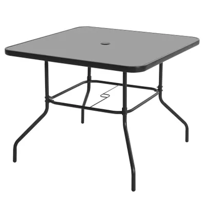 Produktbild von Outdoor Esstisch mit Schirmloch und Tischplatte aus gehärtetem Glas, Schwarz