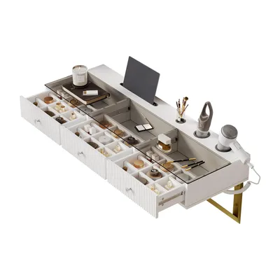 Produktbild von STILVORA Schminktisch hängend mit 3 Schubladen und Glasplatte, Kosmetiktisch mit Tablethalter und Becherhalter, Wand-Schminktisch Weiß(ohne LED-Spieg)
