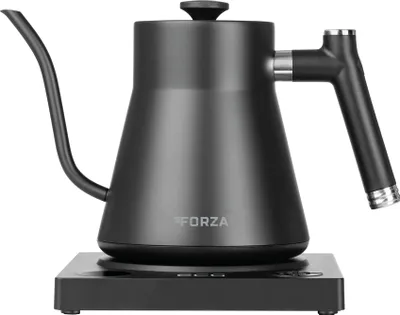 A black electric kettle with a gooseneck spout and handle sits on its charging base.