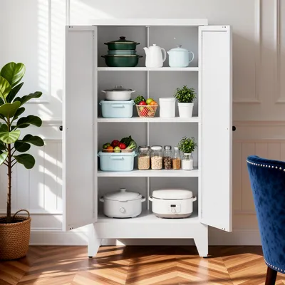 Image de Armoire de rangement métallique blanche avec espace de rangement réglable et 3 étagères, idéale pour organiser la cuisine et le salon, dimensions : 60 x 30 x 120 cm, couleur : blanc