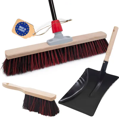 Produktbild von Novaliv Straßenbesen mit Stiel 50 cm Arenga-Elaston Borsten inkl. Kehrgarnitur verzinkt mit Gummilippe bestehend aus Kehrblech & Handfeger Idealer Gartenbesen Terassenbesen Hofbesen Stallbesen
