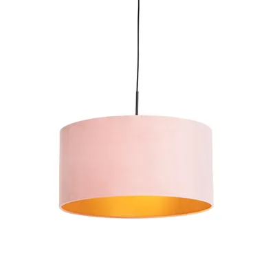 Produktbild von QAZQA - Landhaus I Vintage I Rustikal Hängelampe I Pendellampe I Pendelleuchte mit Veloursschirm rosa mit Gold I Messing 50 cm - Combi I Wohnzimmer I Schlafzimmer - Textil Zylinder I Länglich I Rund -