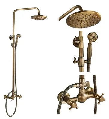 Produktbild von Badewannen Duschset - Klassische Duscharmatur - 20 cm Regendusche - Höhenverstellbar 70–120 cm - Zweigriff Mischer warm/kalt - Handbrause - Antik Messing