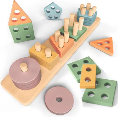 Immagine prodotto di Giocattoli in legno Montessori per bambini di 1, 2 e 3 anni: giochi didattici e di sviluppo in colori pastello